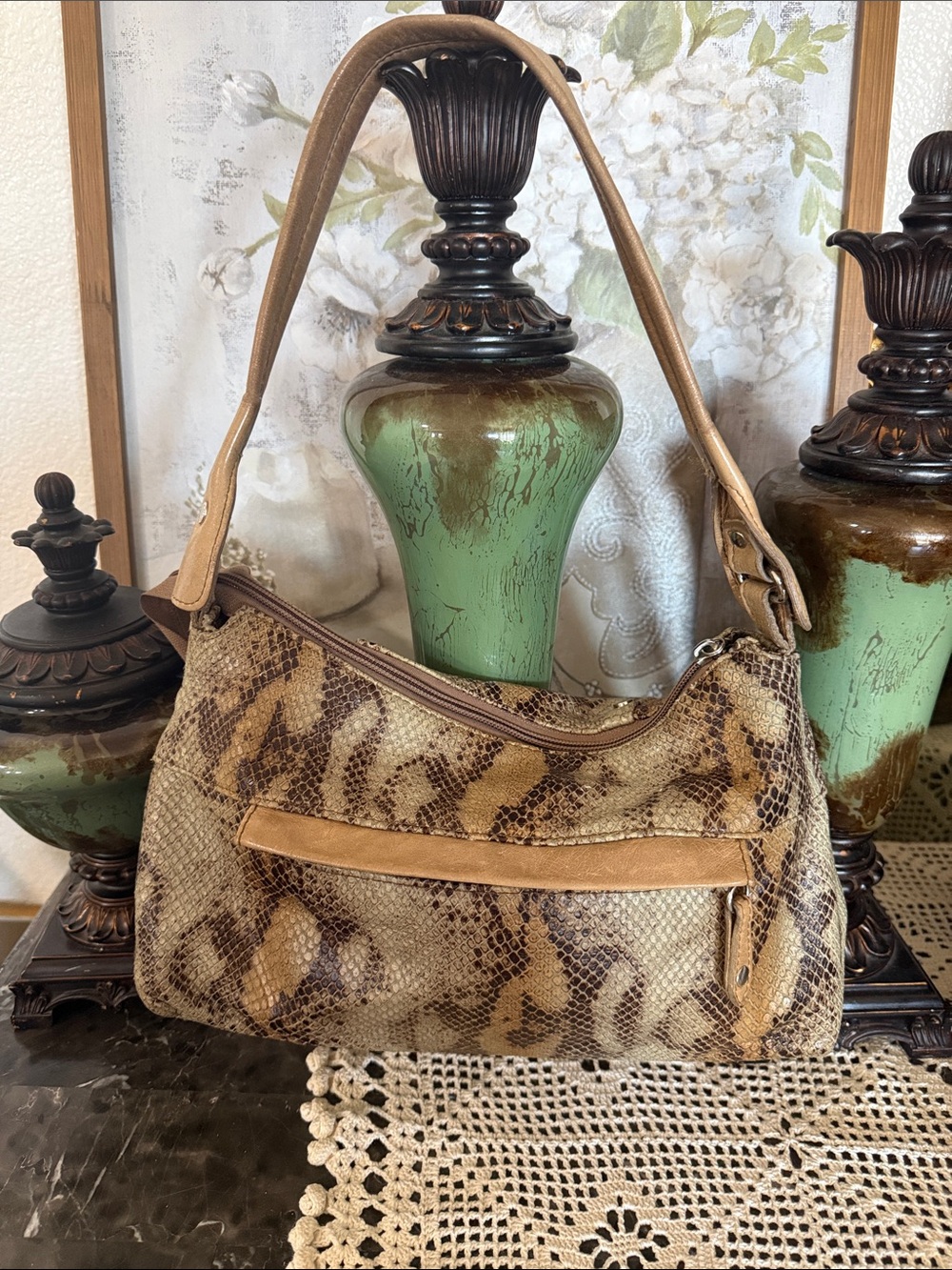 Python-snake Hobo Shoulder Bag in Tan and Brown